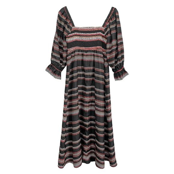 Hutch Reva Stripes Smocked Midi Length Dress Black Red - Picture 3 of 7